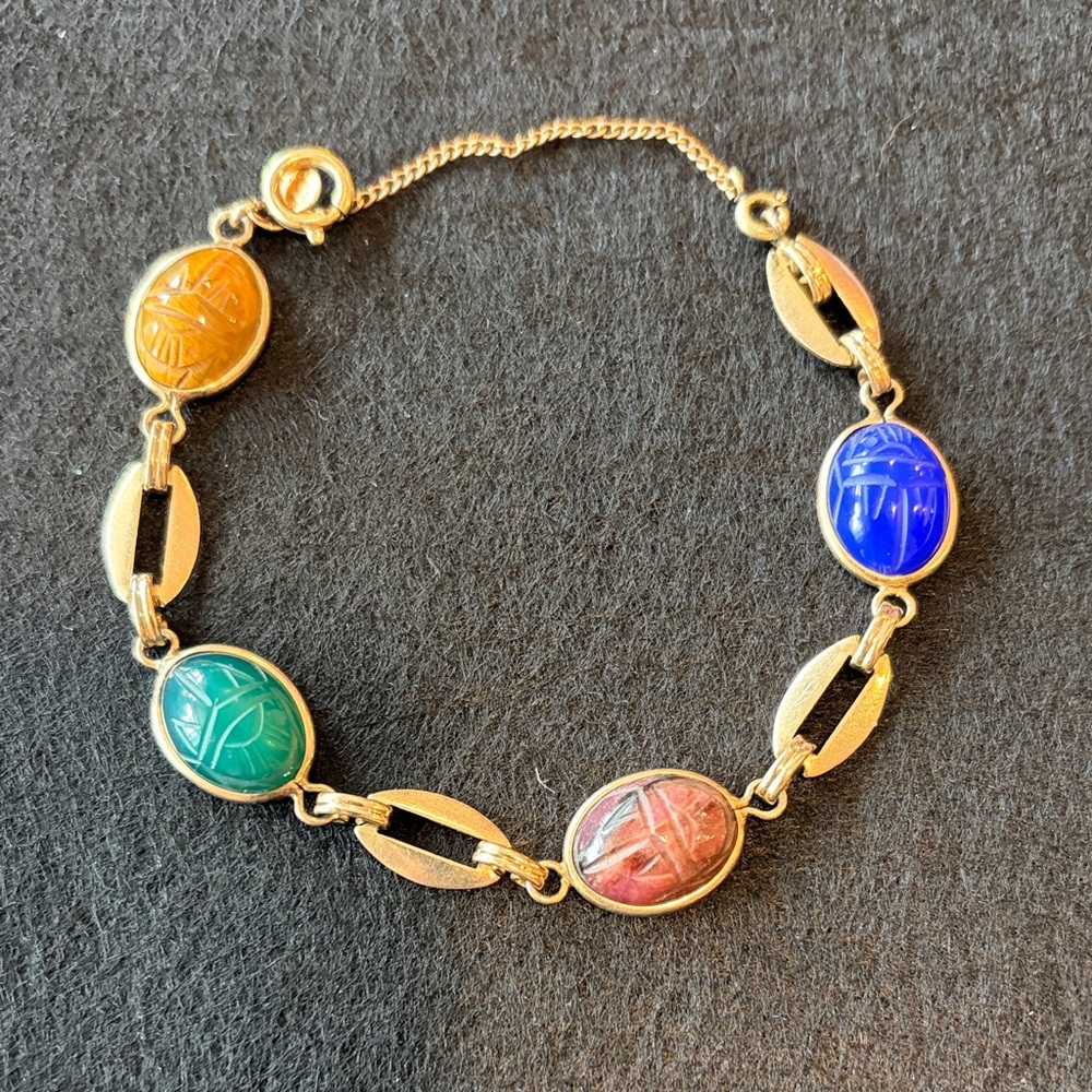 Vintage Egyptian Carved Beetle Bug Scarab Gold Filled Bracelet